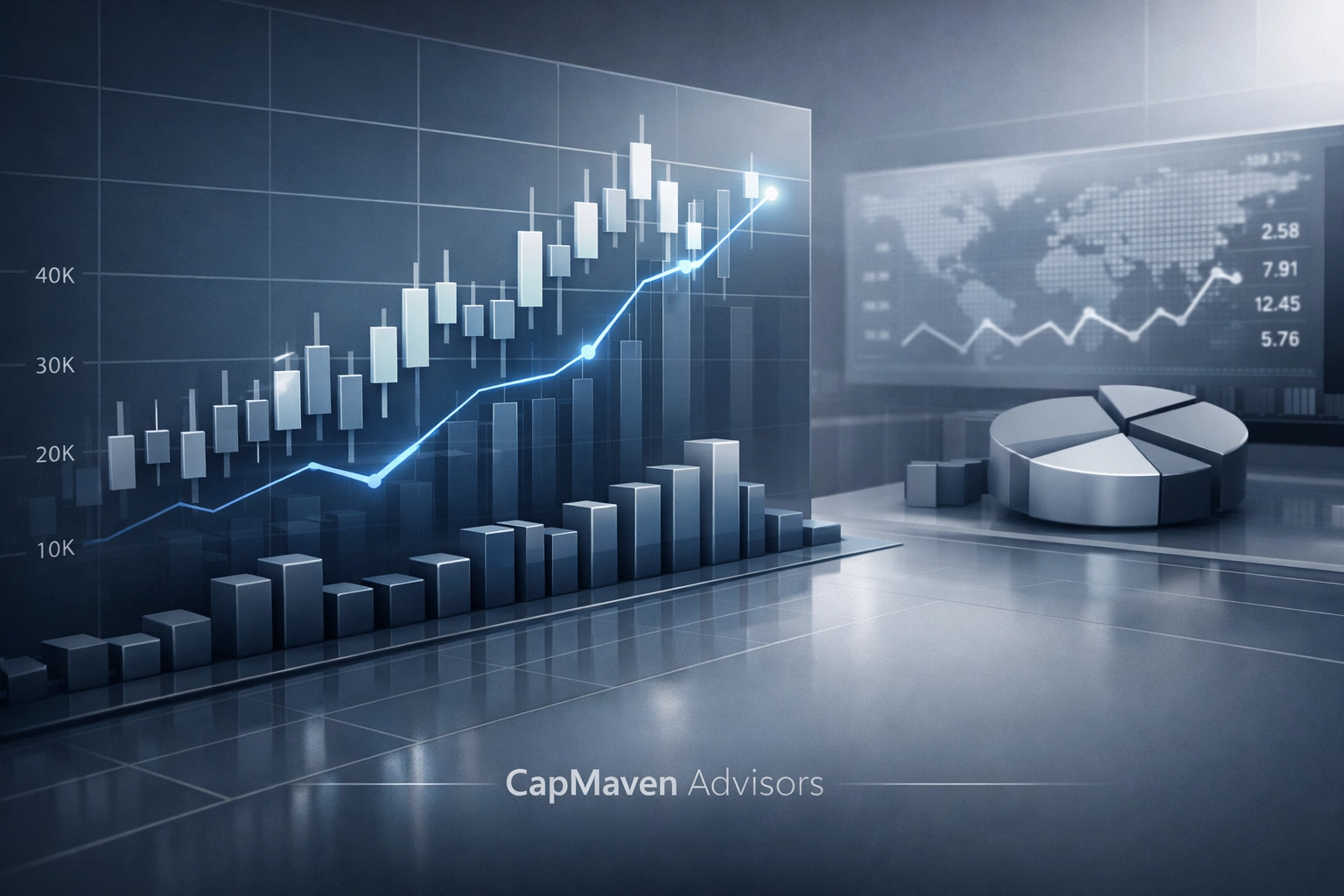 Sleek, neutral 3D financial chart montage in CapMaven-style muted blue and gray tones (no third-party branding).
