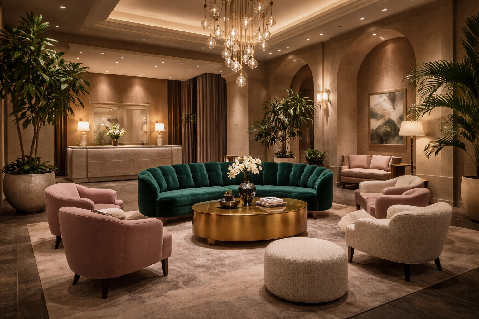 Elegant boutique hotel lobby with designer velvet sofa and brass coffee table, showcasing luxury furniture for hotels