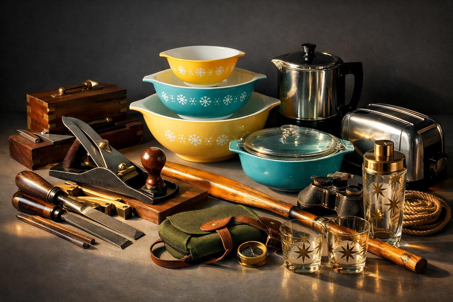 Vintage Pyrex, woodworking tools, and collectibles ready for estate auction in Central Ohio