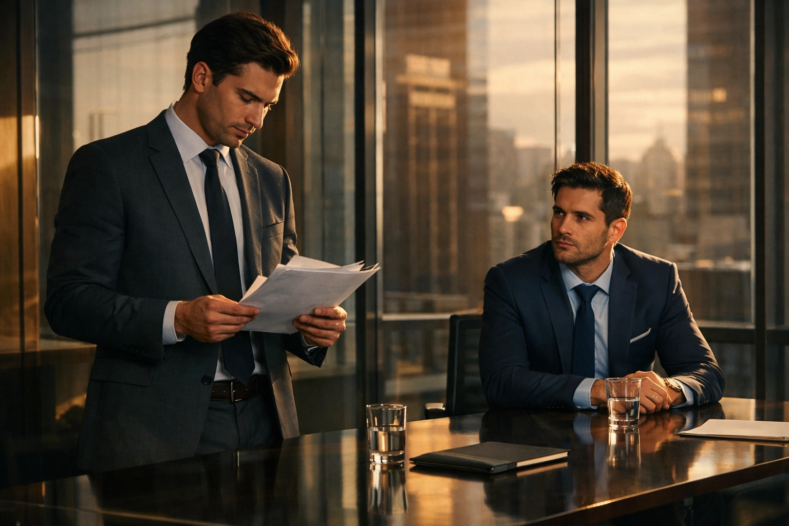 Two gay professionals in modern office with unspoken workplace attraction