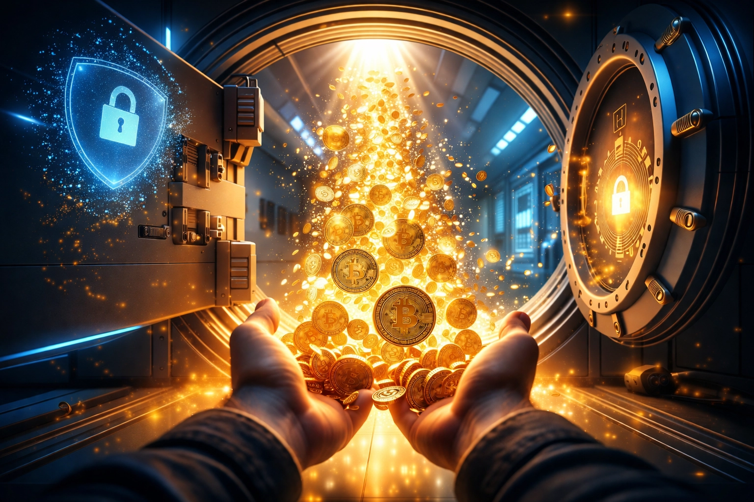 Digital vault door opening with golden crypto coins flowing into a merchant's hands, symbolizing Larecoin self-custody payments and financial freedom.