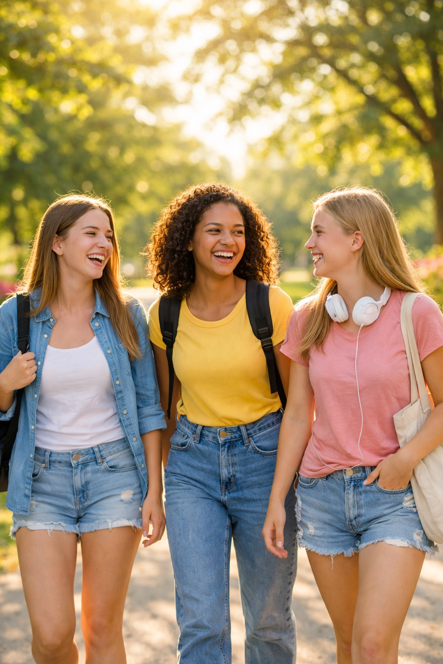 Teenage girls smiling and walking together during their depression recovery journey.