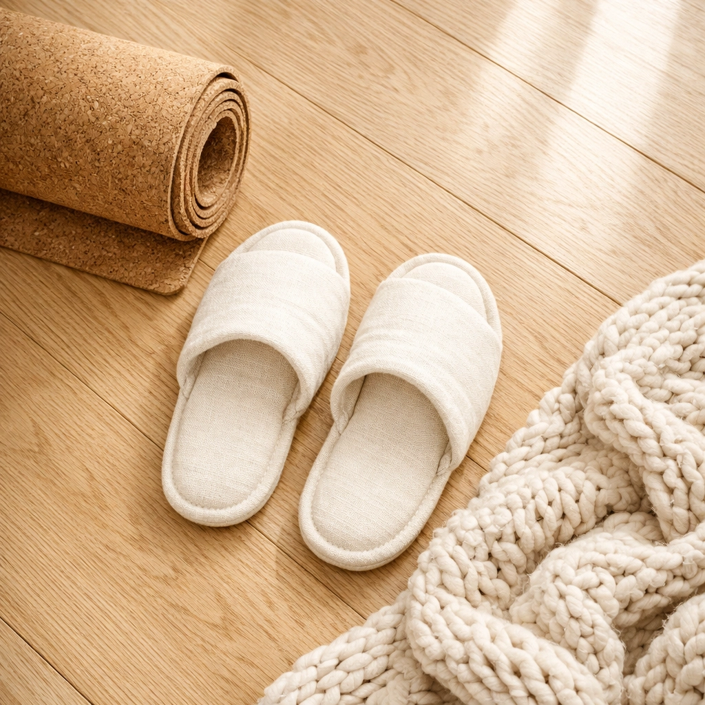 Linen slippers and a yoga mat on a wood floor, representing gentle postpartum recovery support and restoration.