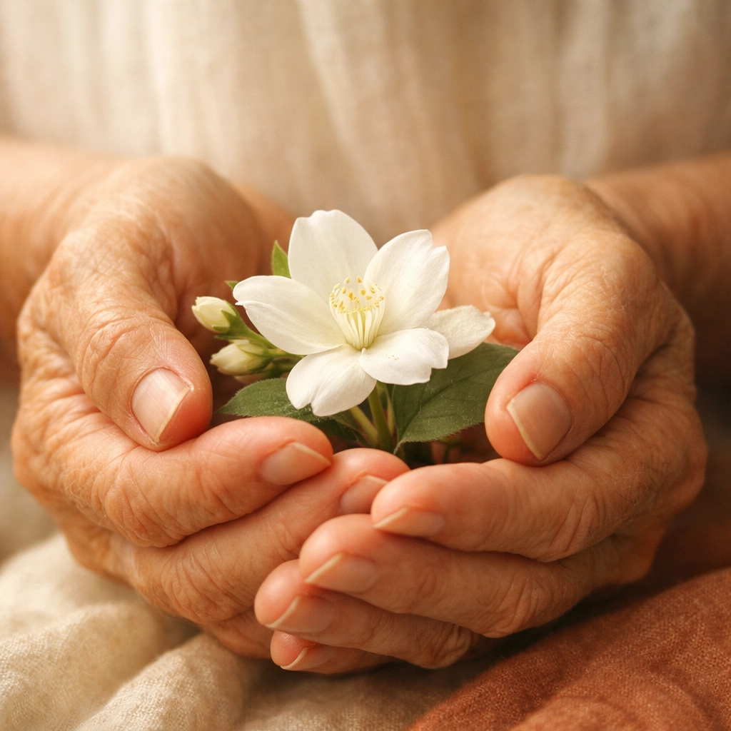 Gentle hands holding a jasmine flower to represent self-empathy and healing difficult emotions with compassion.