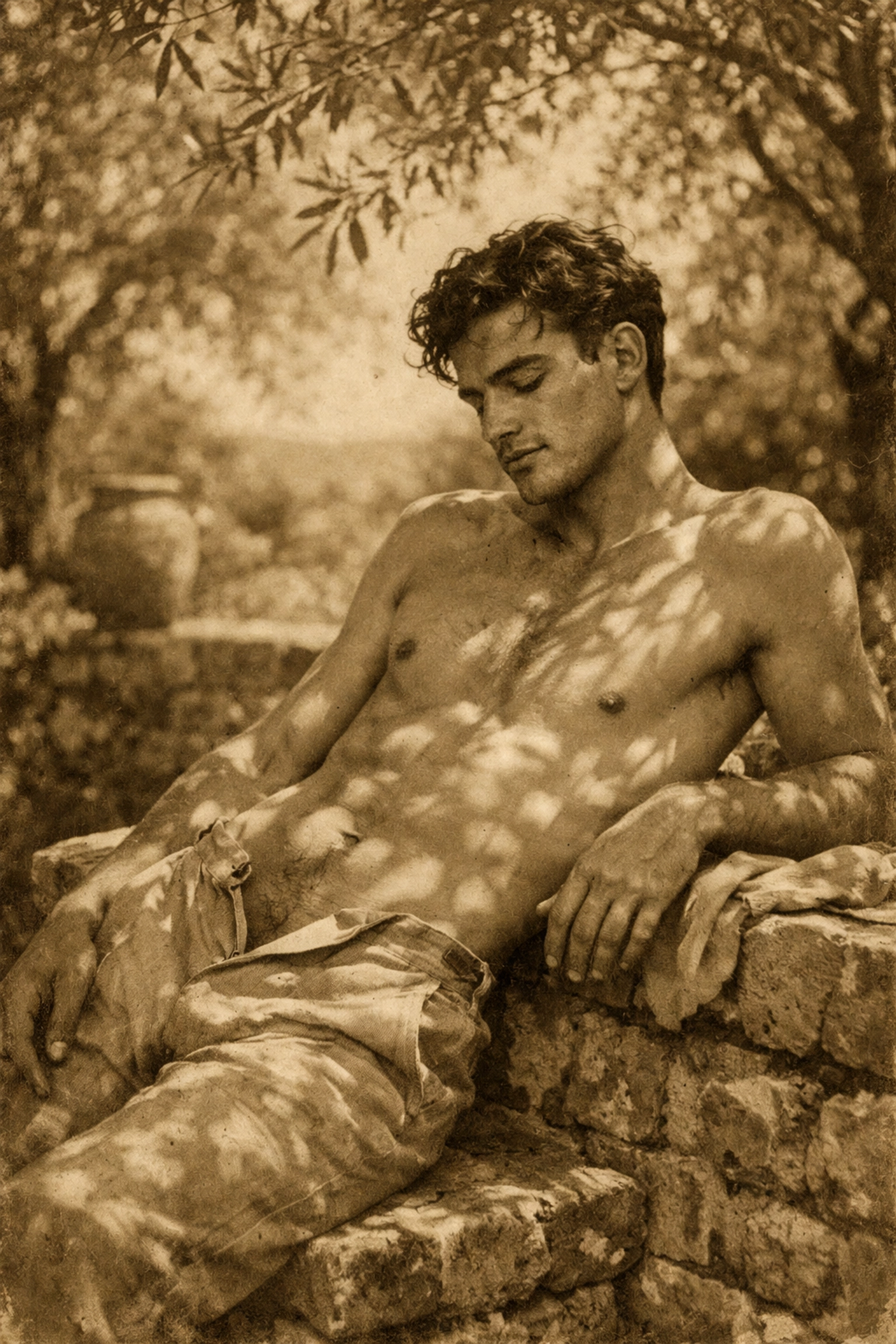 Nostalgic sepia photo of a shirtless man's lower abdomen, capturing vintage queer artistic appreciation.
