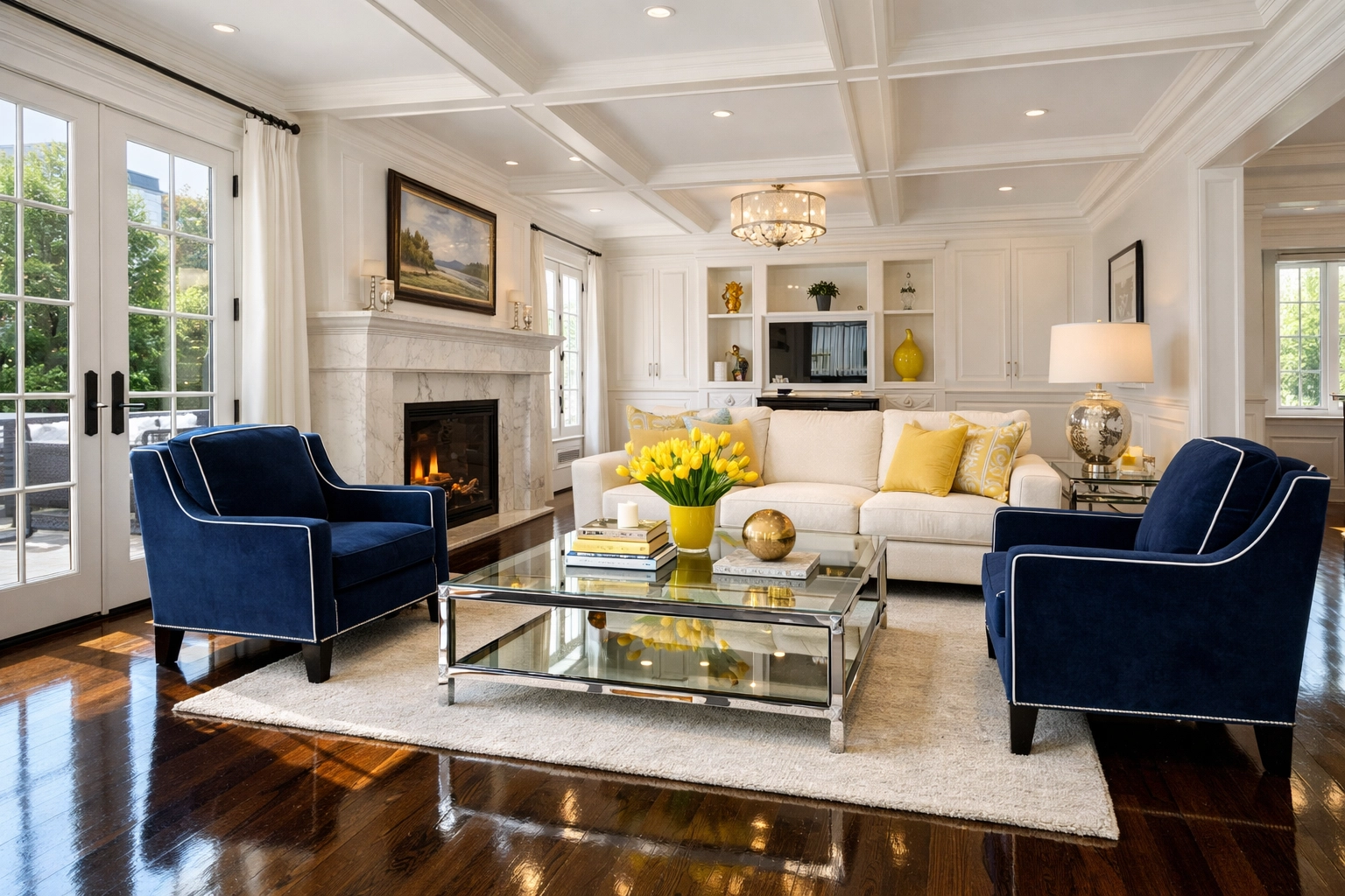 Clean luxury living room with polished floors, showing the quality of house cleaning services MA.