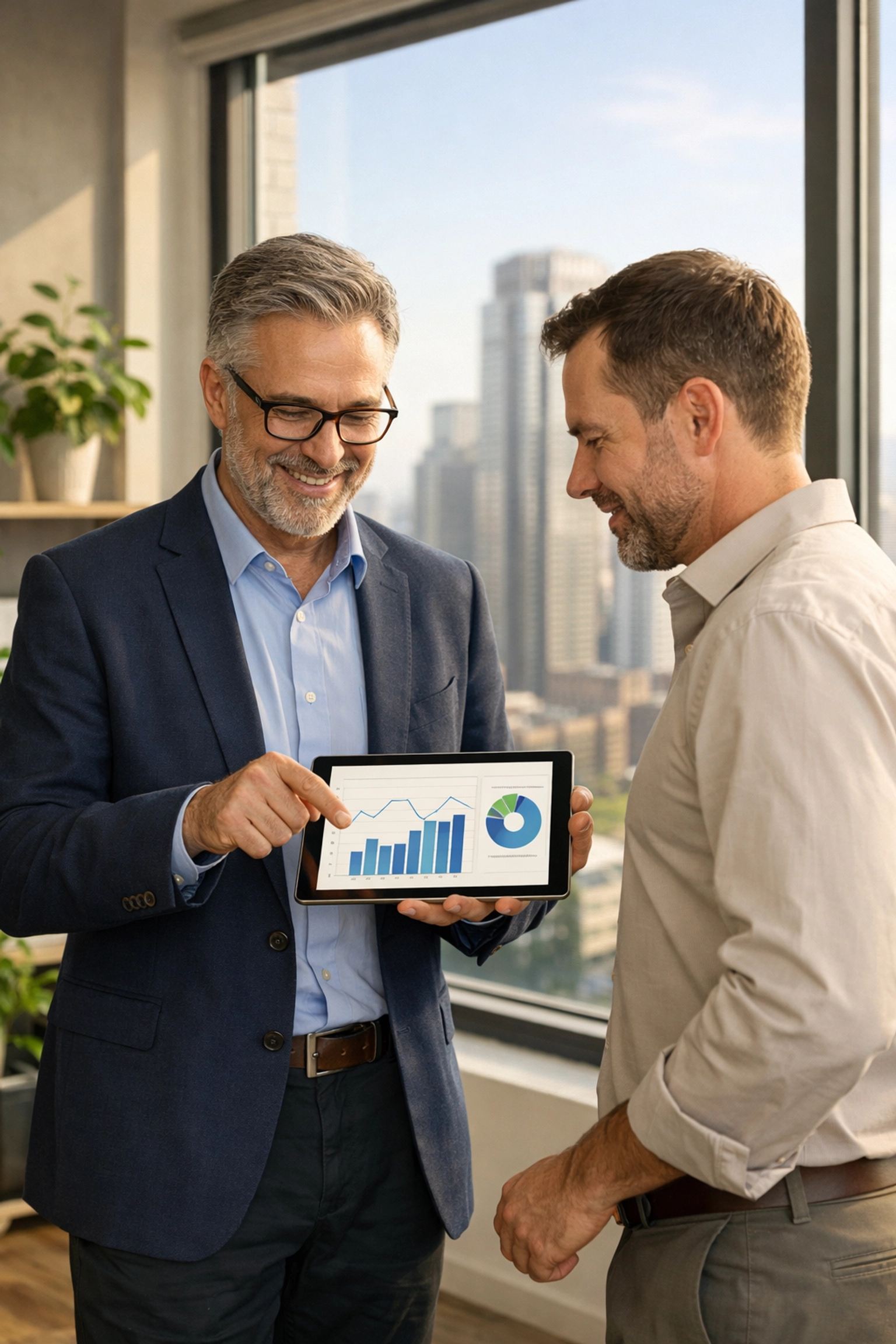 Professional consultant and business owner reviewing a commercial solar power performance and ROI report.