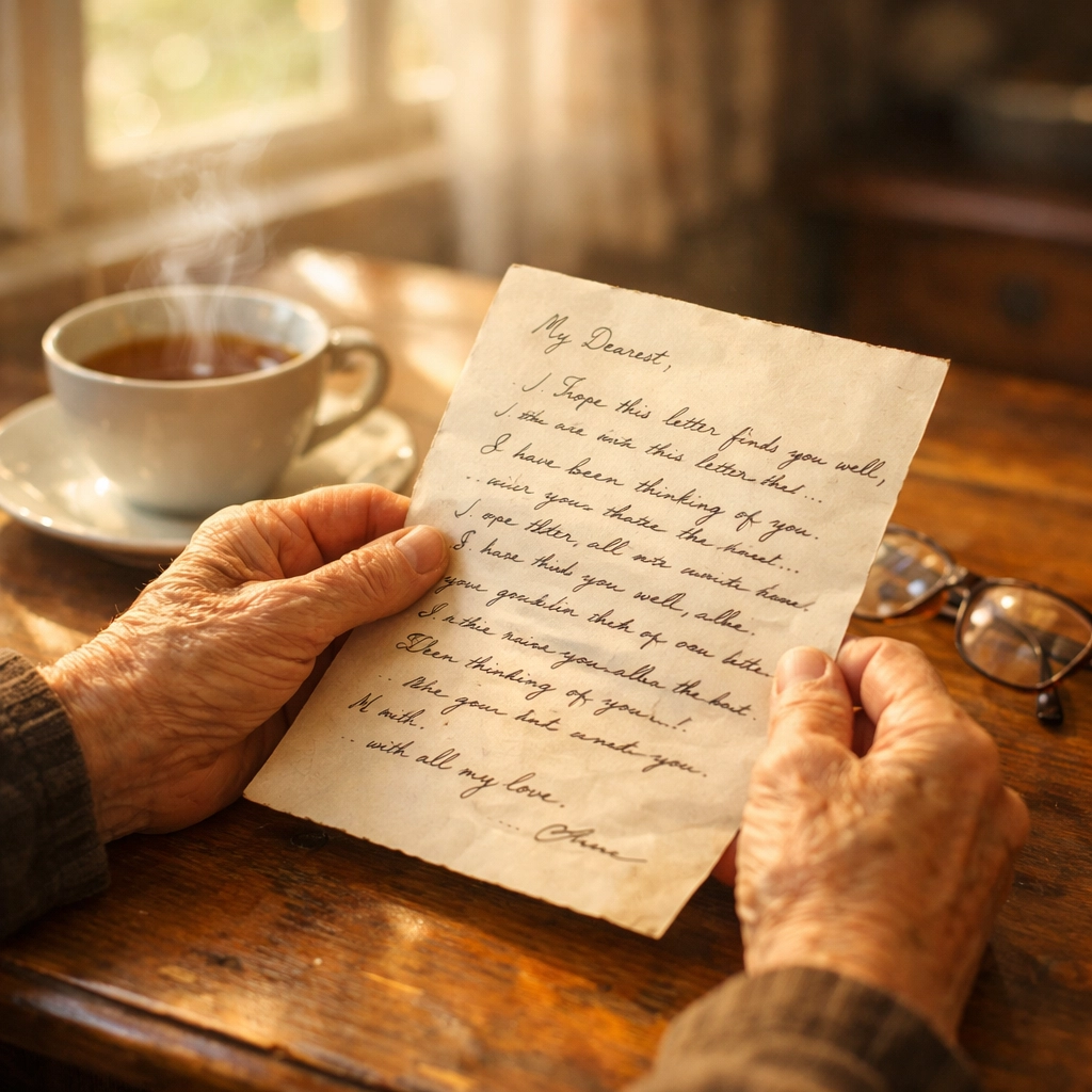 Senior reading handwritten pen pal letter with tea at table