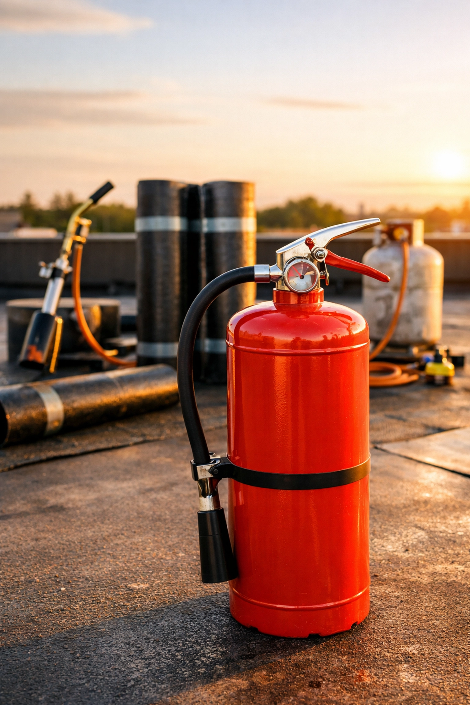 Fire extinguisher and torch-down equipment on a commercial roof for hot-work fire safety compliance.