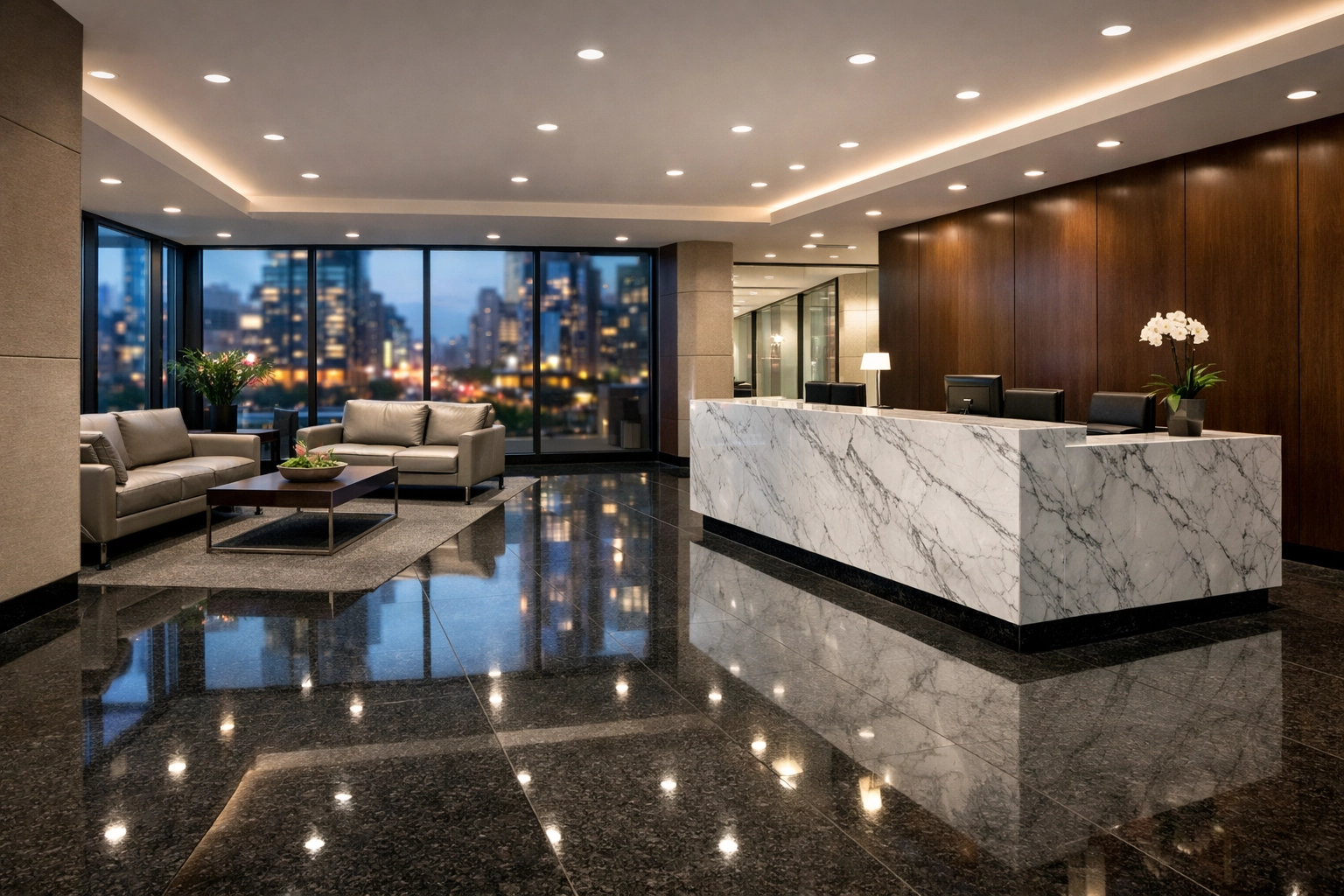 Pristine commercial office lobby in Indianapolis with polished floors and recurring janitorial cleaning standards.