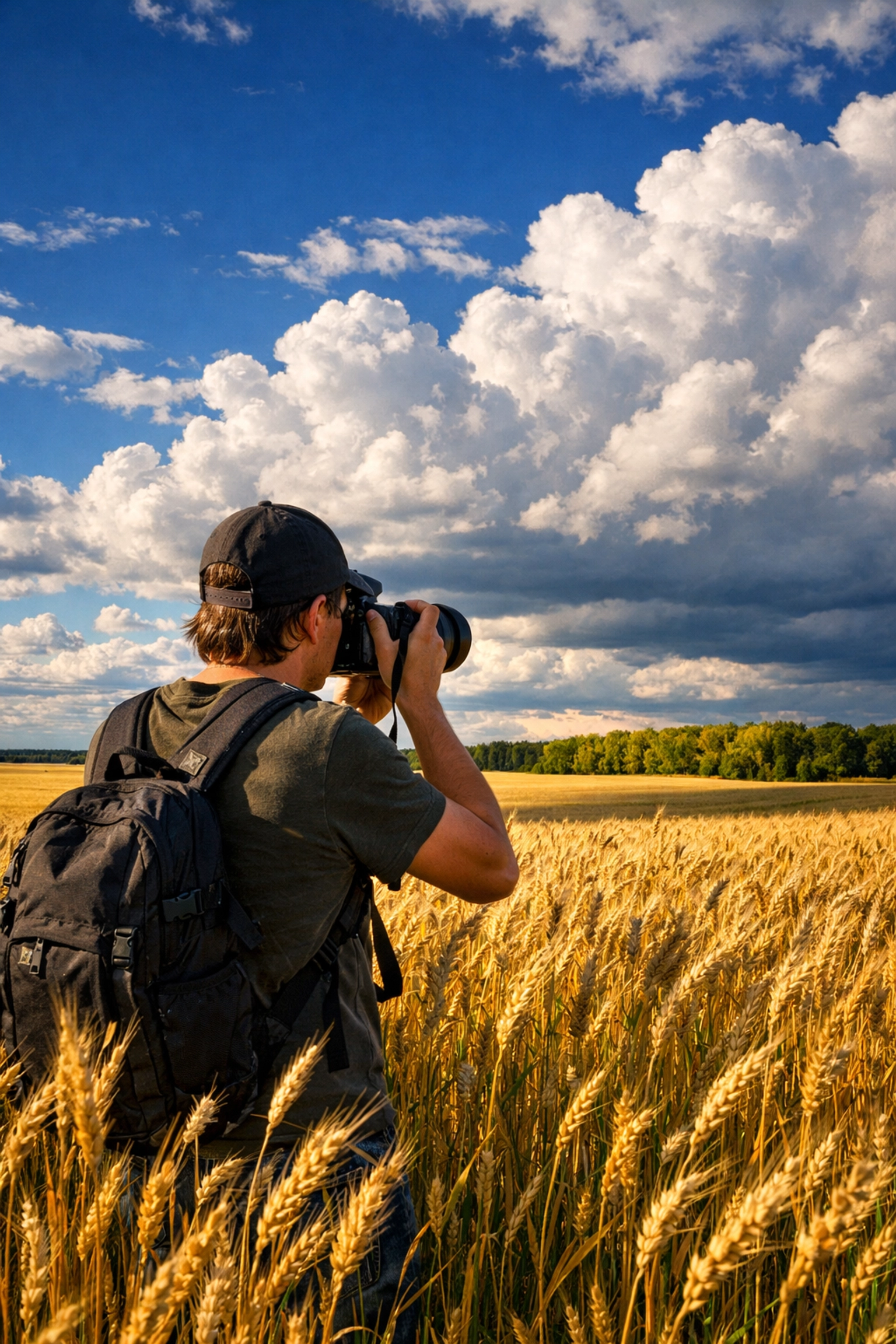A prairie photographer capturing a natural landscape scene in a golden Saskatchewan wheat field.