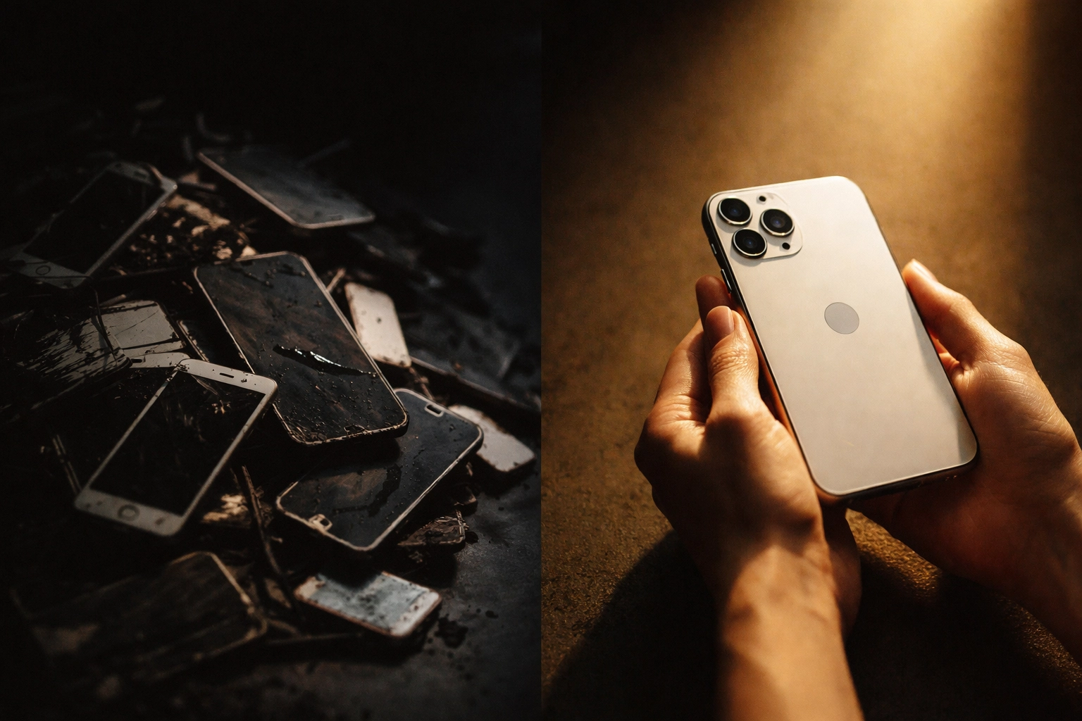 Contrast of e-waste pile with a restored iPhone, highlighting sustainable phone repair and e-waste reduction in NYC.