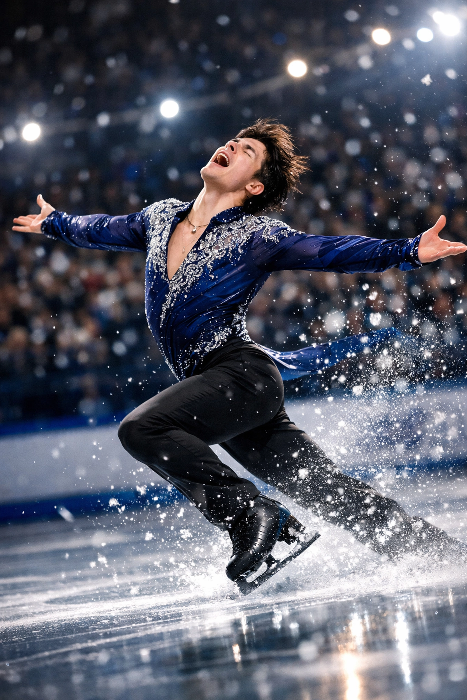 Gay figure skater performing emotional Olympic routine with raw freedom and vulnerability