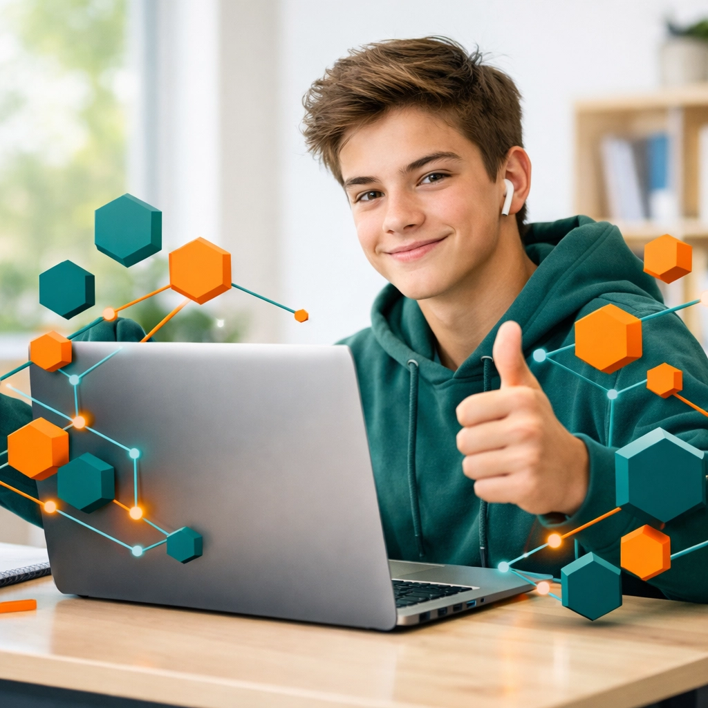 Confident teenage boy using a laptop safely, illustrating digital stewardship and safety for teens.
