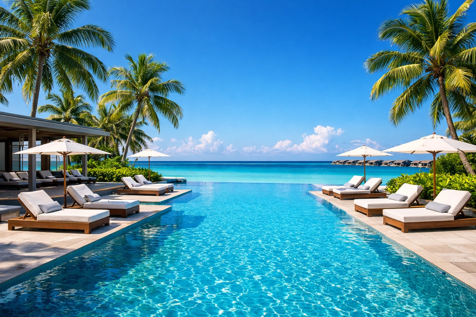 Luxury tropical resort with infinity pool and palm trees
