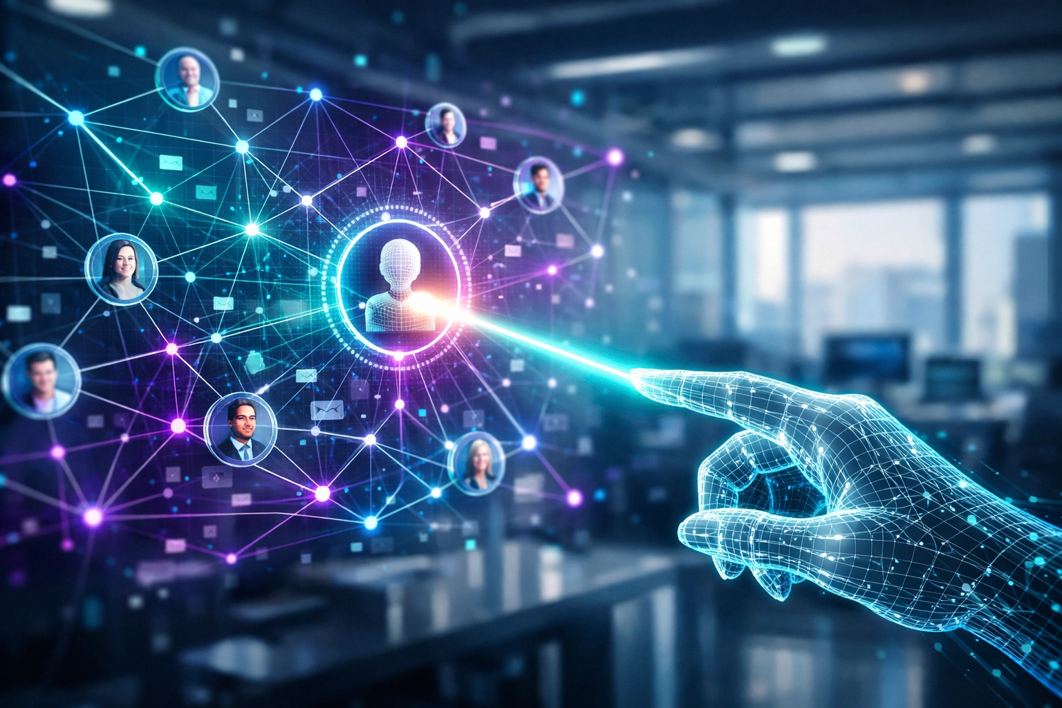 Holografische Vernetzung visualisiert präzise Vertriebsautomatisierung für gezielten B2B-Outreach.