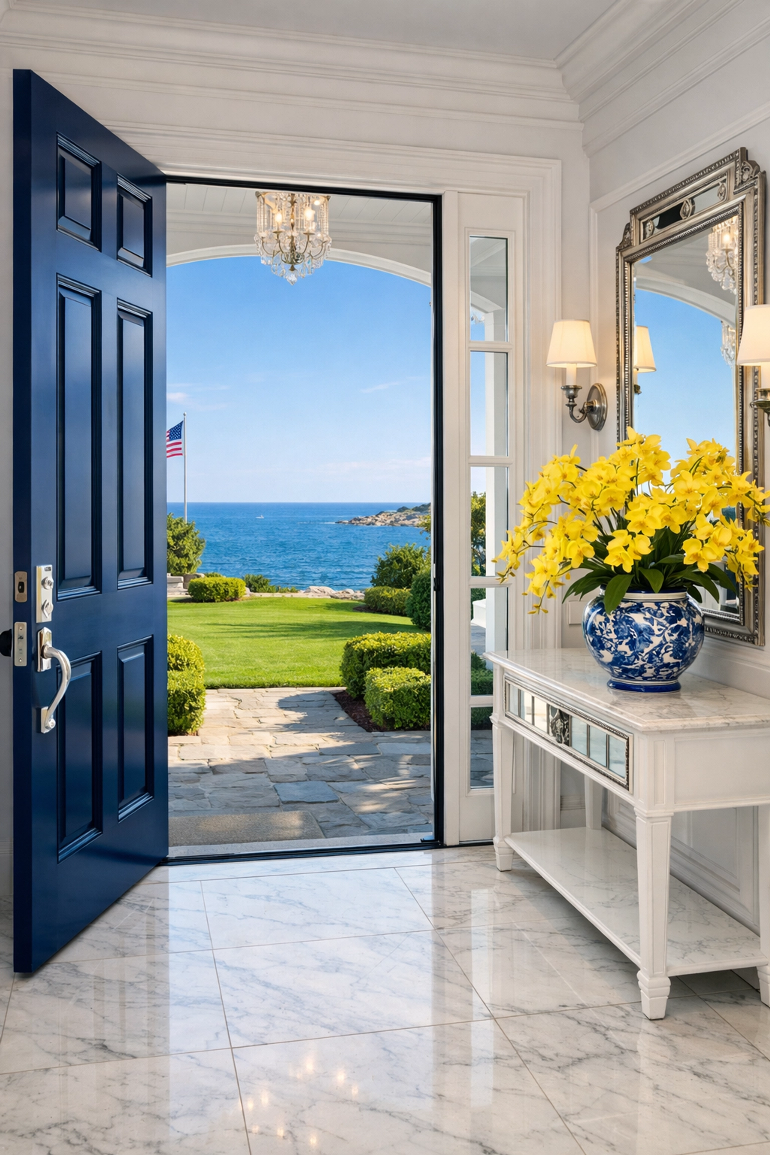 Spotless foyer with marble tiling in a Marblehead Neck estate, highlighting expert luxury house cleaning.