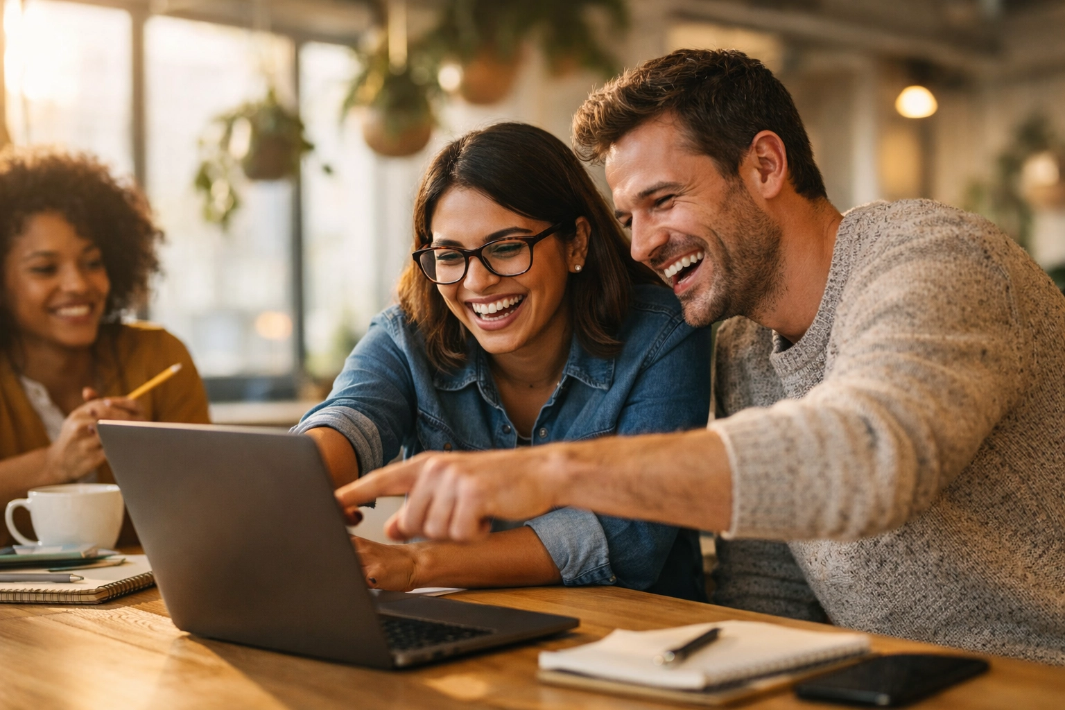 Small business team collaborating on a laptop in a modern office, representing digital productivity and teamwork.