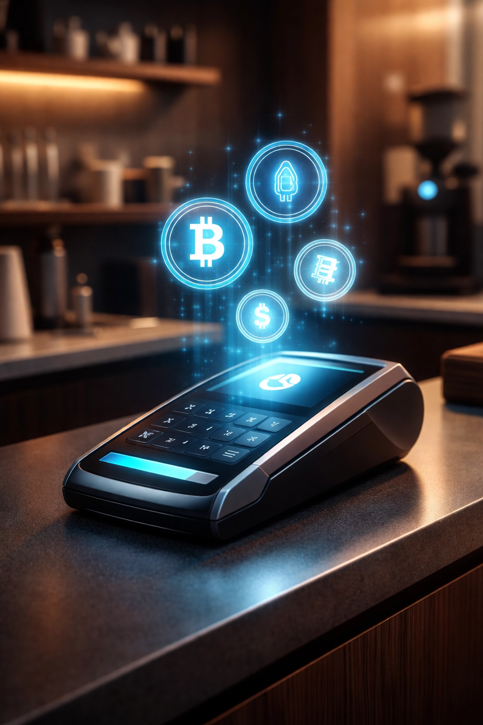 Futuristic crypto POS terminal at a modern small business counter with floating Bitcoin and Ethereum symbols