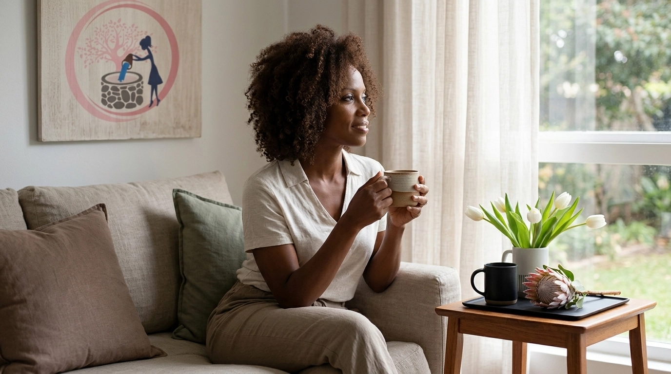 A beautiful African American woman sitting peacefully on a linen-covered sofa, holding a warm ceramic mug and looking out a window with a soft smile in gentle morning light.