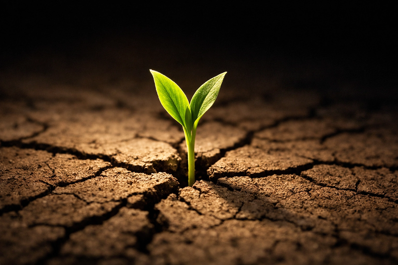 A small green sprout emerging from dry ground, representing spiritual renewal and God's grace.