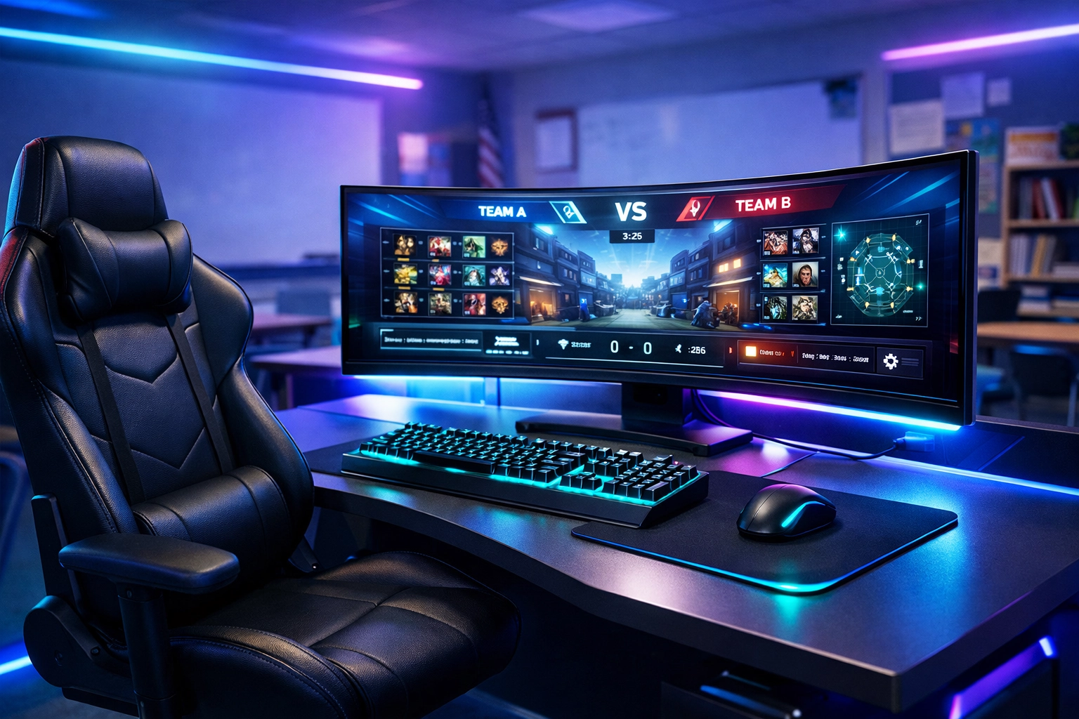 Professional esports gaming station setup in high school classroom for workforce development training