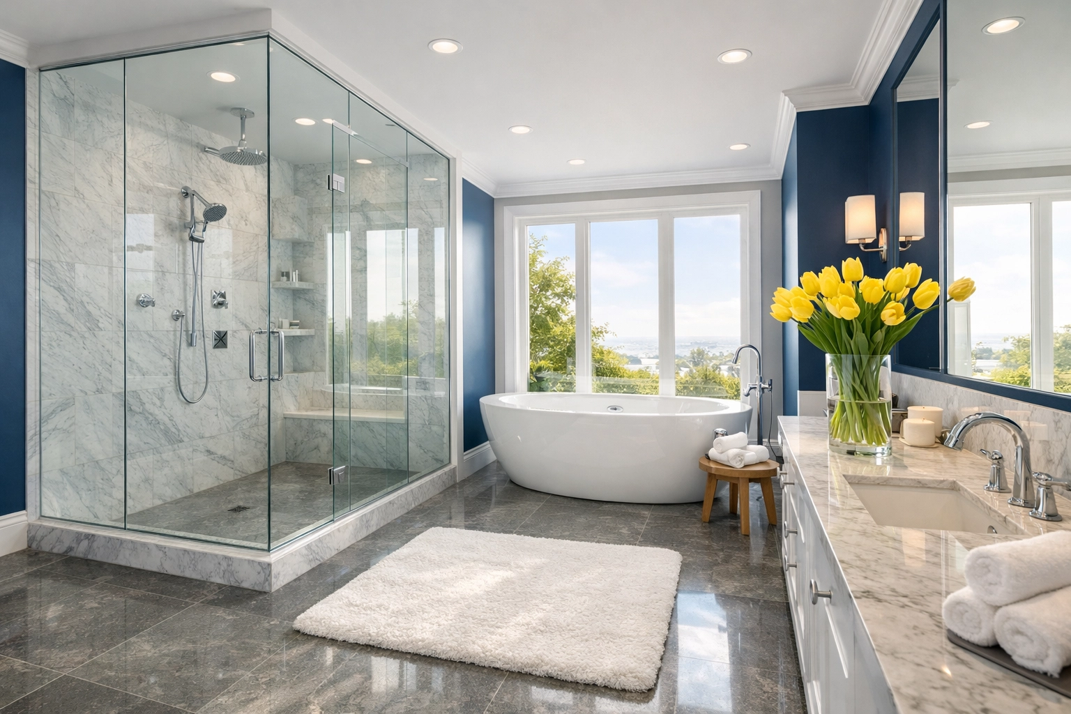 A bright and professionally cleaned luxury bathroom with a spotless glass shower and soaking tub.