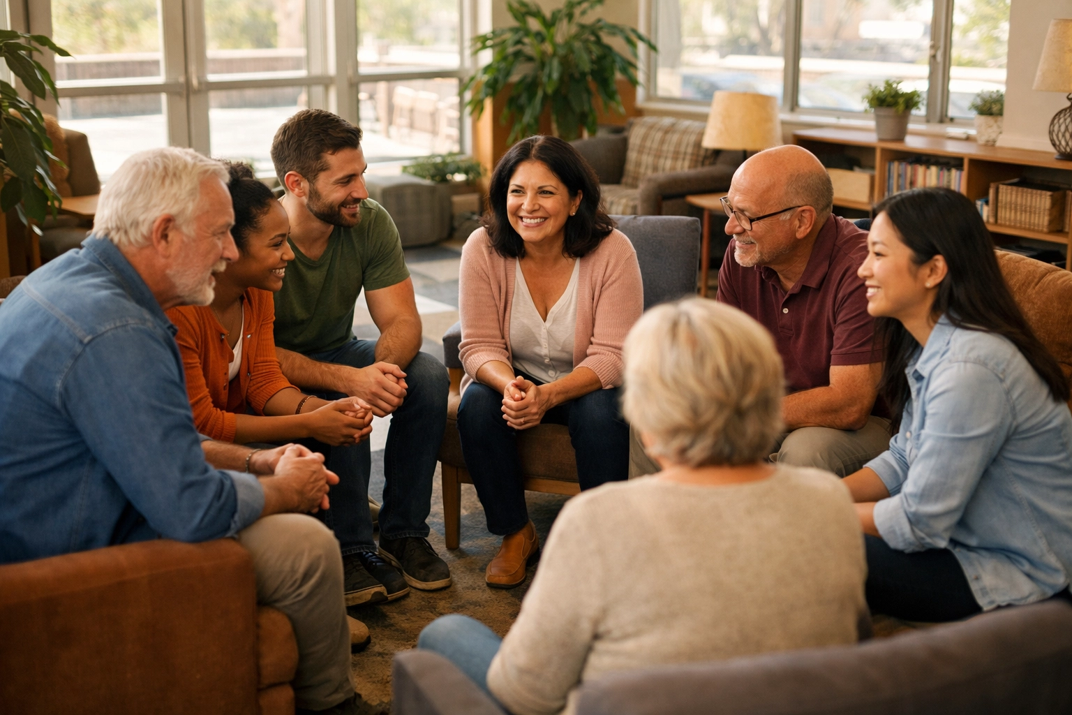 Recovery support group meeting in circle showing peer support and community-driven care
