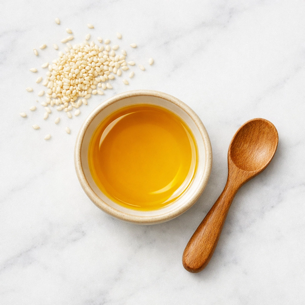 Organic sesame oil in a bowl with seeds highlighting premium Moroccan natural oils.
