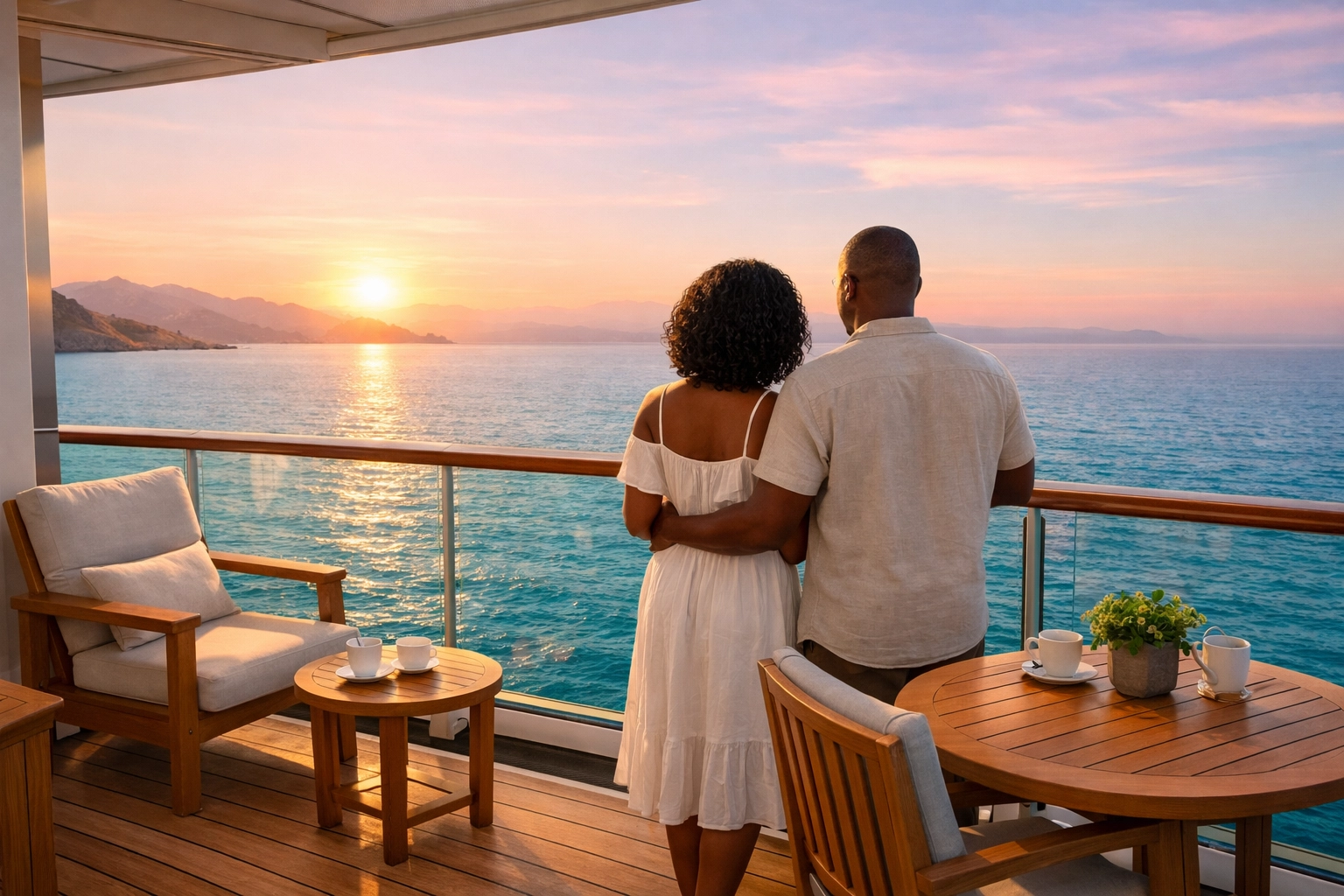 Couple enjoying a private balcony suite at sunrise, highlighting value-driven luxury cruise deals.