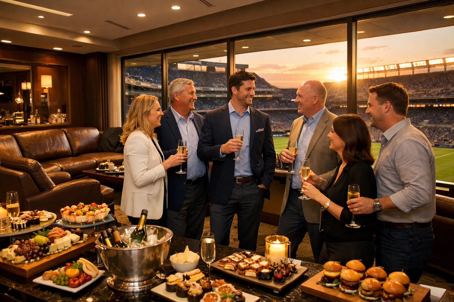Can VIP Super Bowl Hospitality Really Generate 500% Marketing ROI? Fortune 500 Data Reveals the Truth Executives networking in luxury Super Bowl suite with premium hospitality amenities