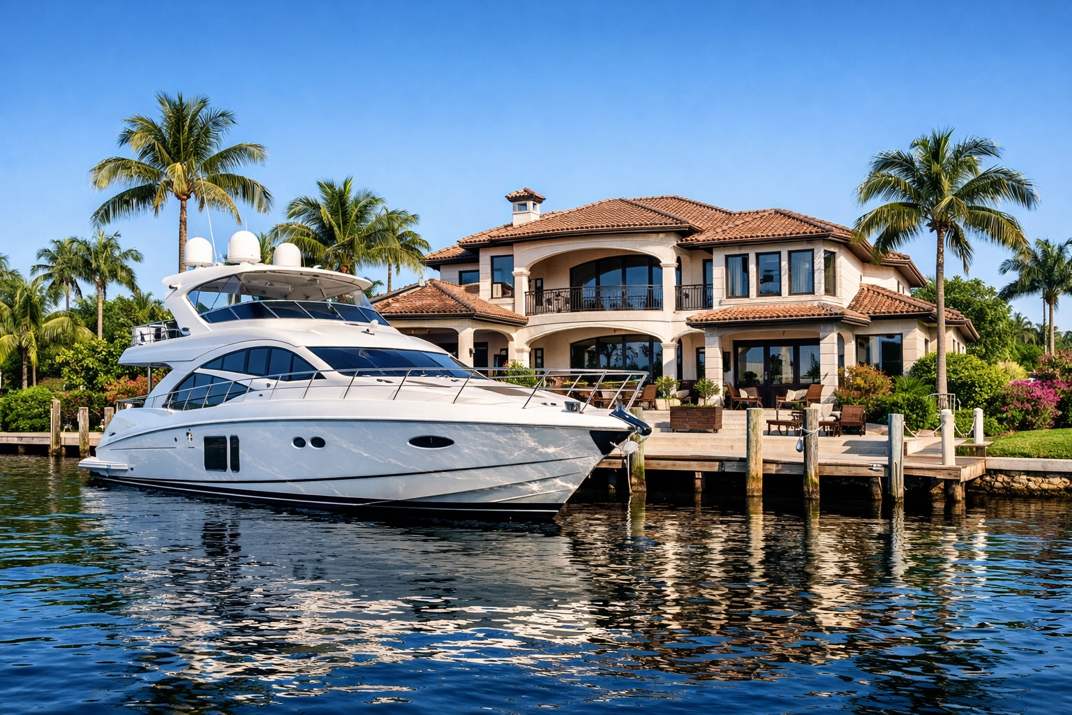 Luxury waterfront real estate in SE Cape Coral with a yacht docked on a direct access canal.