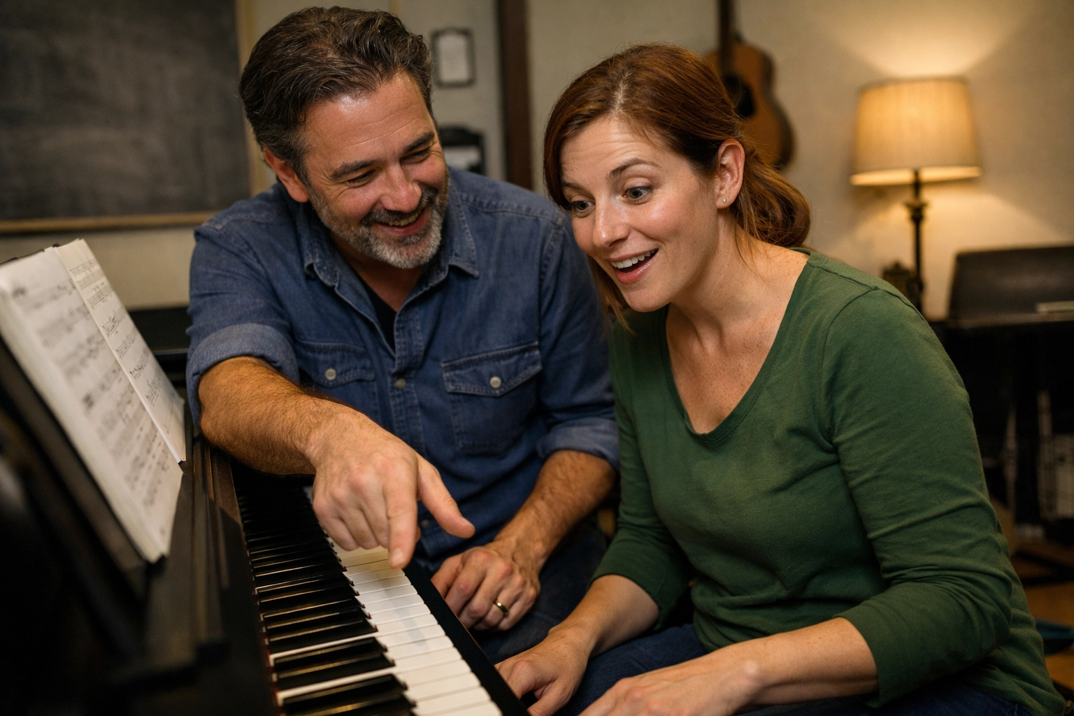 Piano instructor teaching an adult student in a Tallahassee music studio during a lesson.