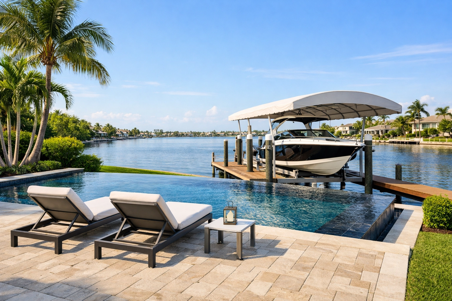 Luxury SWFL waterfront homes in Cape Coral featuring private pools, patios, and docks for direct Gulf access.