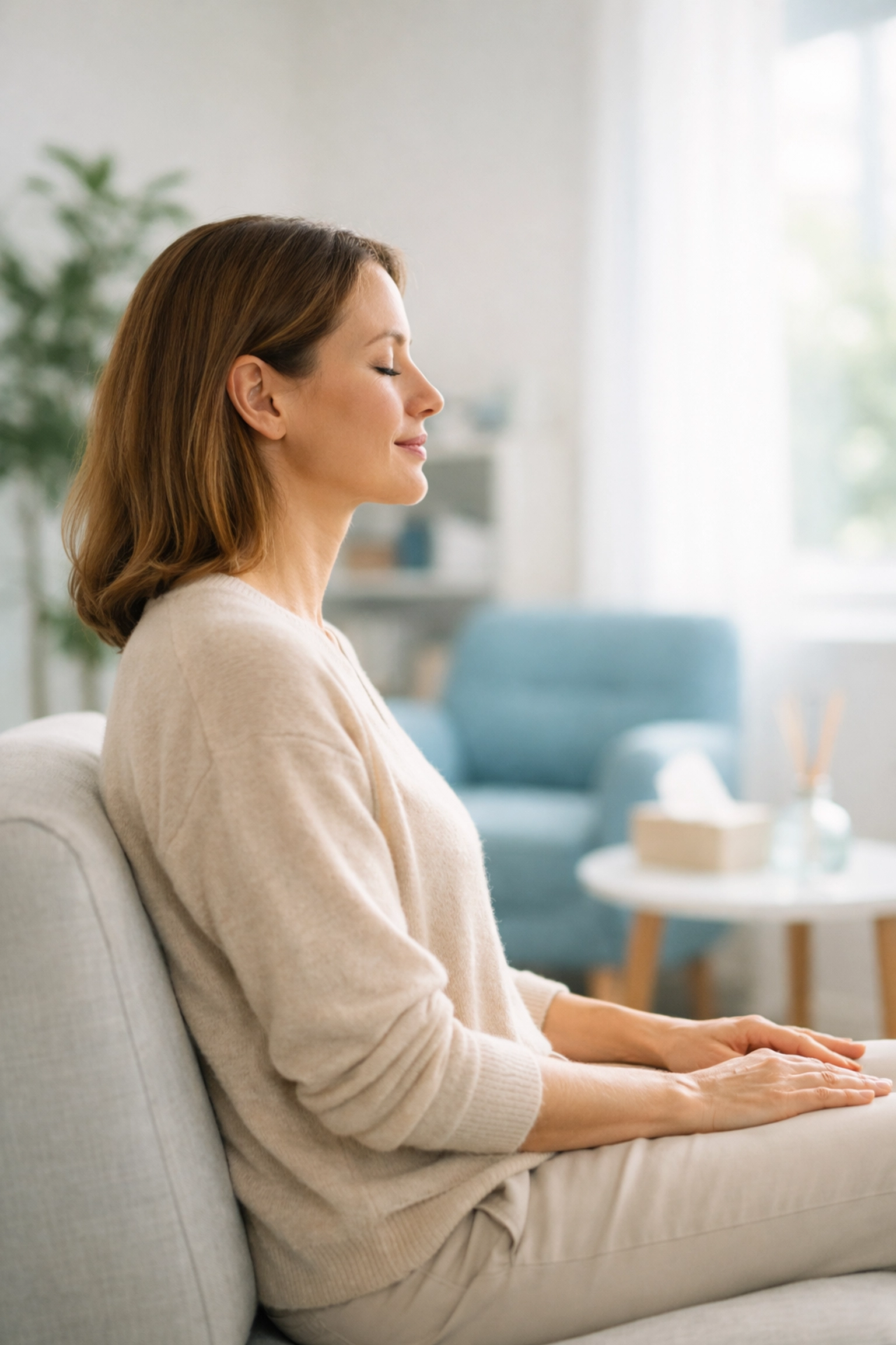 A calm individual practicing mind-body integration and nervous system regulation in a professional therapy clinic.