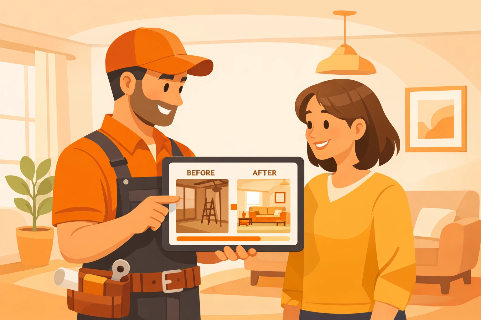 Contractor showing a homeowner a professional photo timeline app on a tablet in a living room.