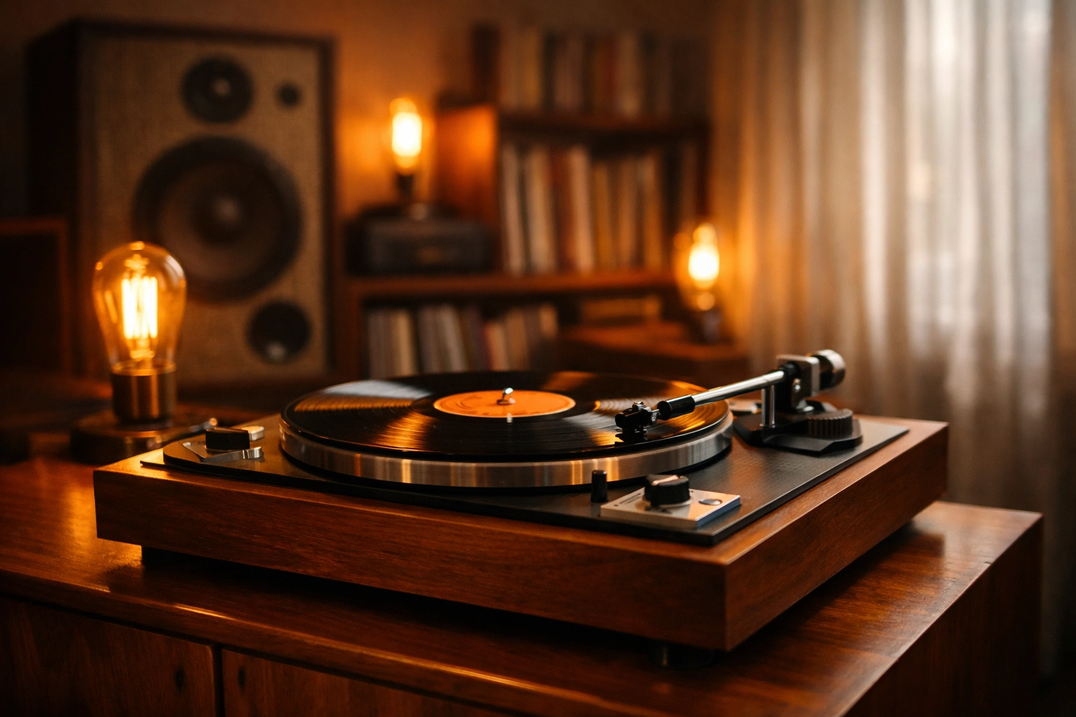 Home listening setup with turntable playing vinyl record and speakers on shelf