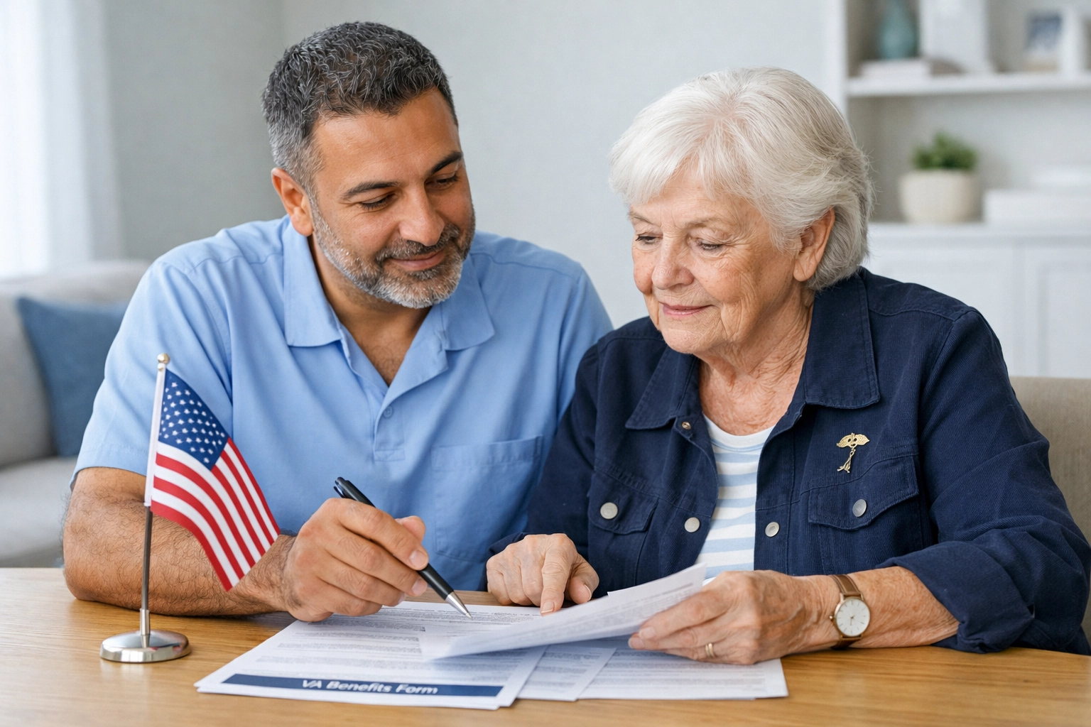Caregiver reviewing VA paperwork with a senior veteran at home