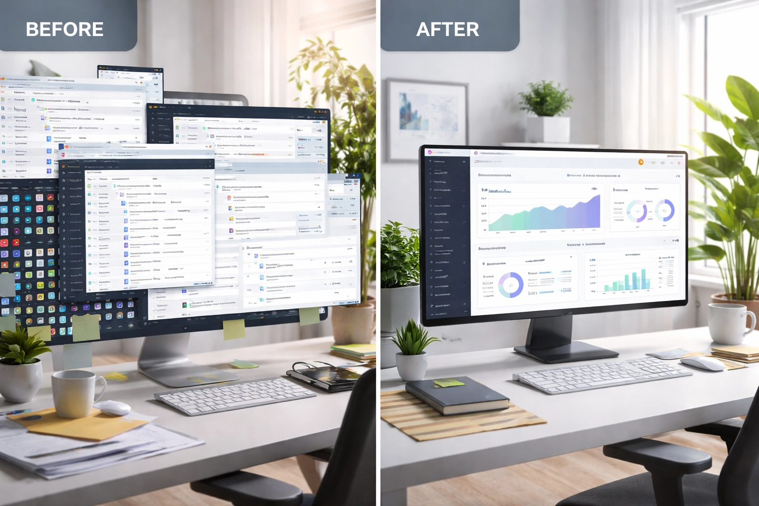 Before-and-after scene of messy versus clean dashboards, highlighting ServiceNow Xanadu portal optimization benefits.