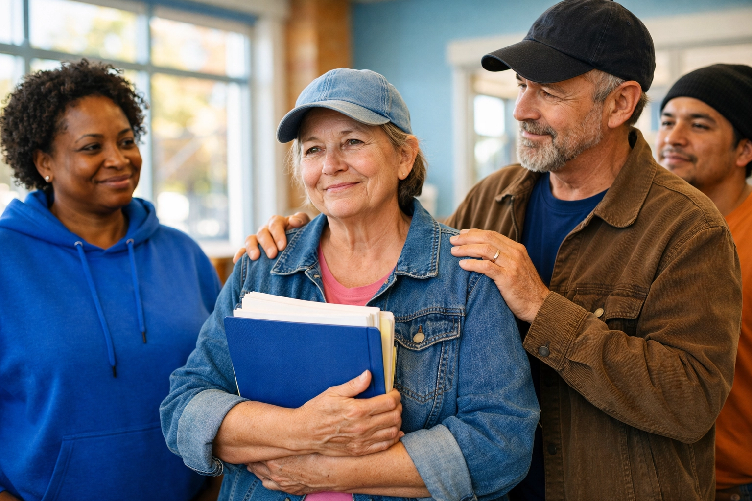 Neighbors supporting each other while accessing family assistance programs in New Jersey at a community center.
