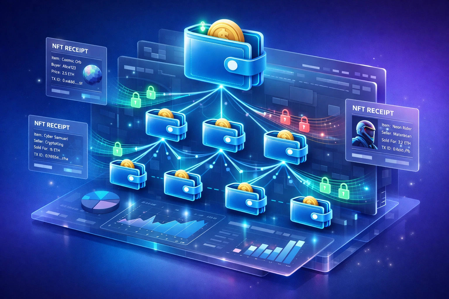 Enterprise master wallet and sub-wallet management dashboard with NFT receipt tracking