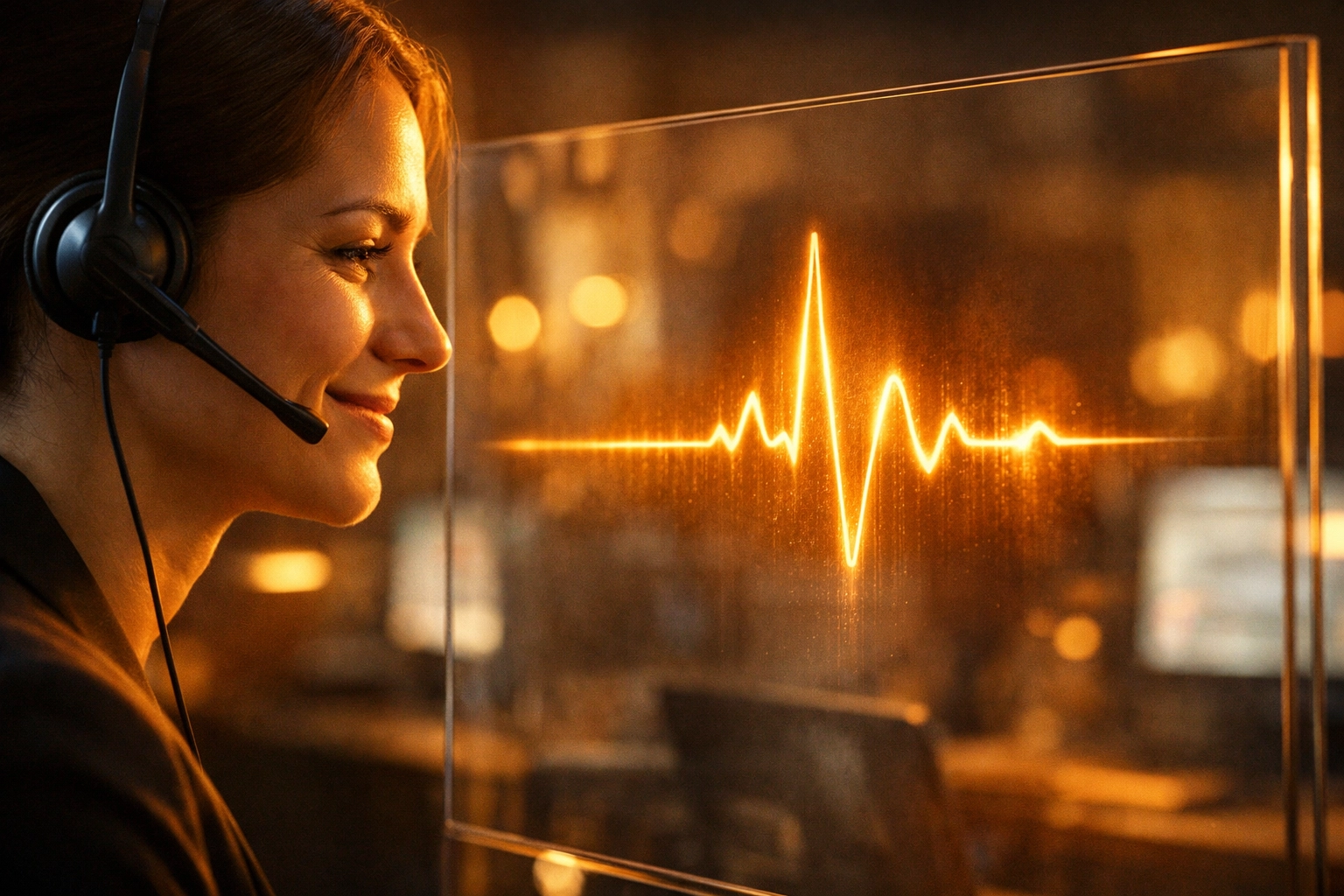 Customer service professional using AI sentiment analysis tools to provide empathetic human support.