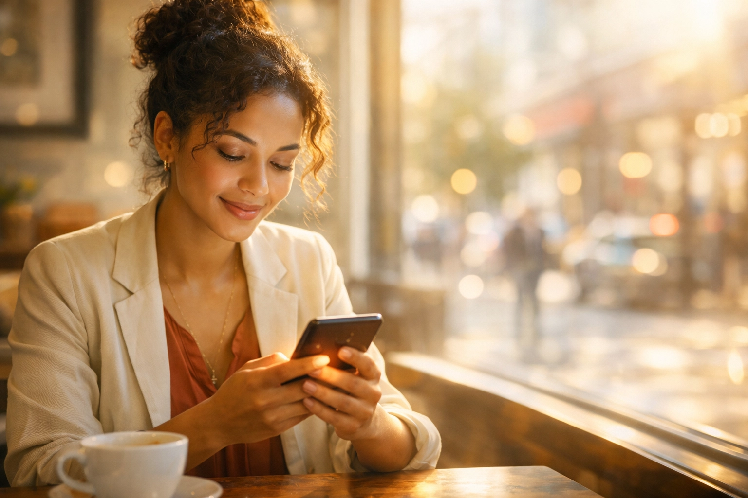 Young adult using a smartphone to join a Boundless Online Church service at a bright Memphis cafe.