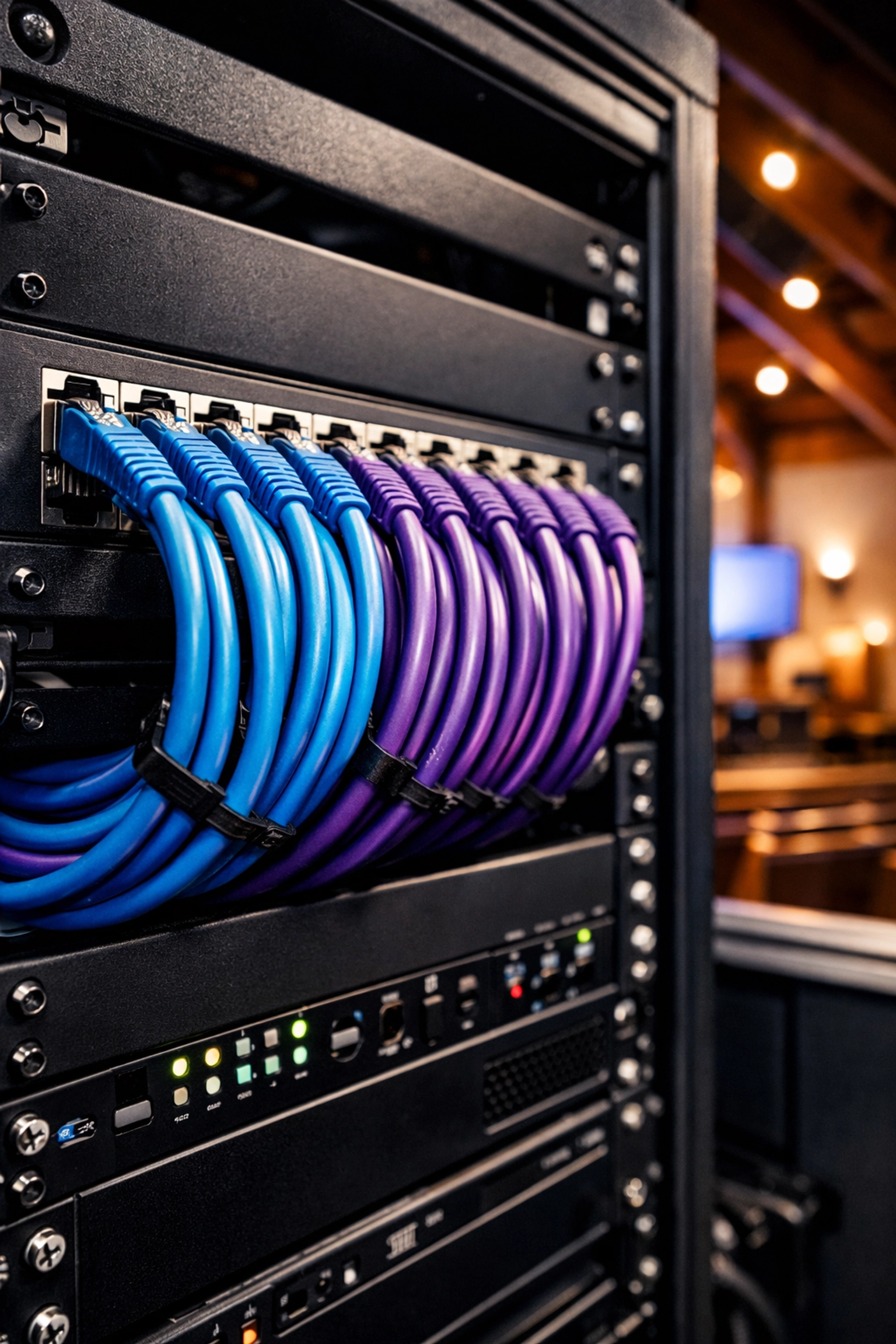 Professional AV equipment rack with organized Cat6A network cables in a modern church tech booth.