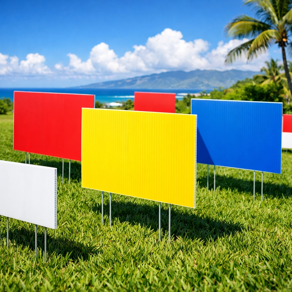 Colorful Coroplast yard signs on H-stakes displayed on Big Island grass