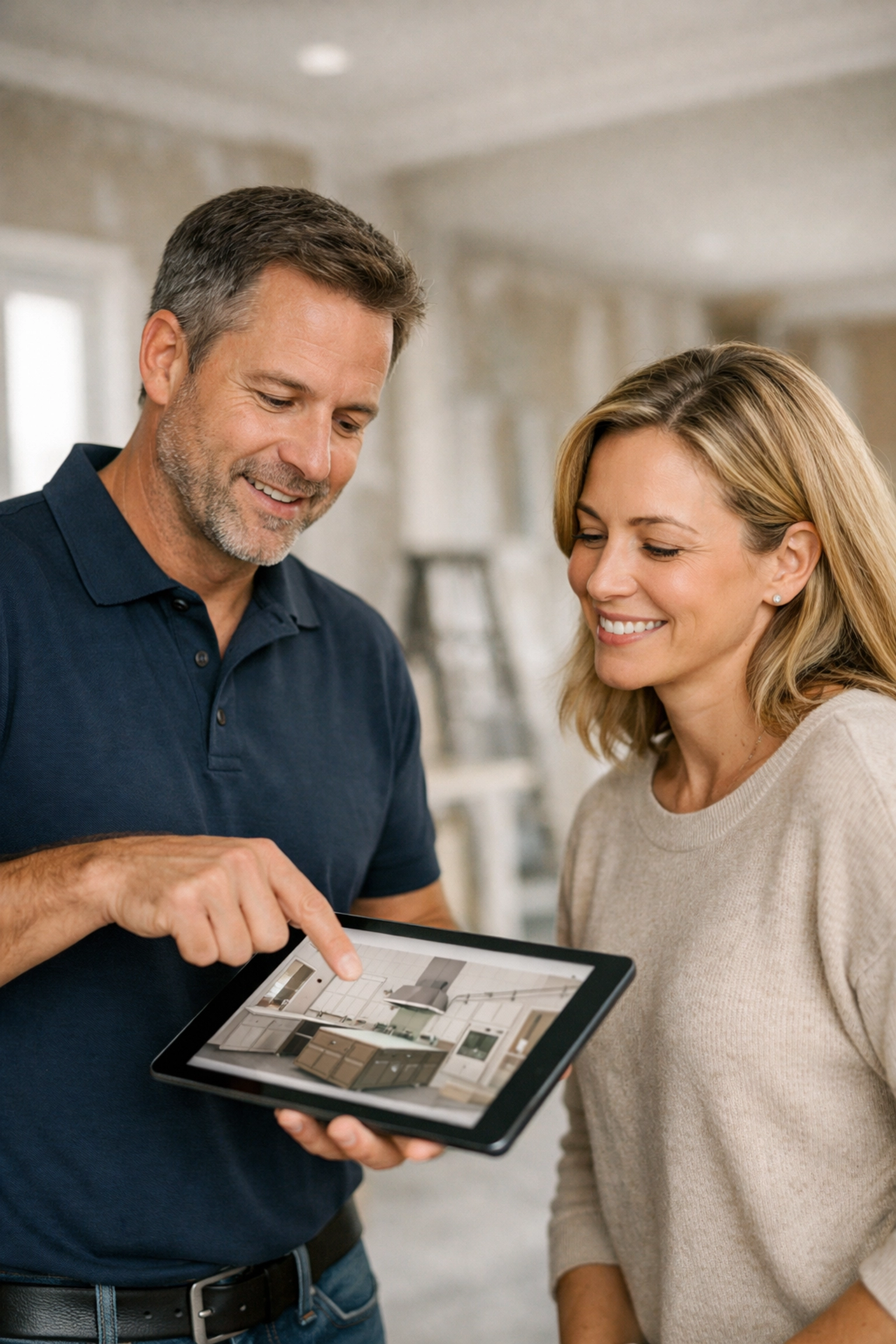 Professional Orlando remodeling expert discussing architectural plans with a homeowner during a consultation.