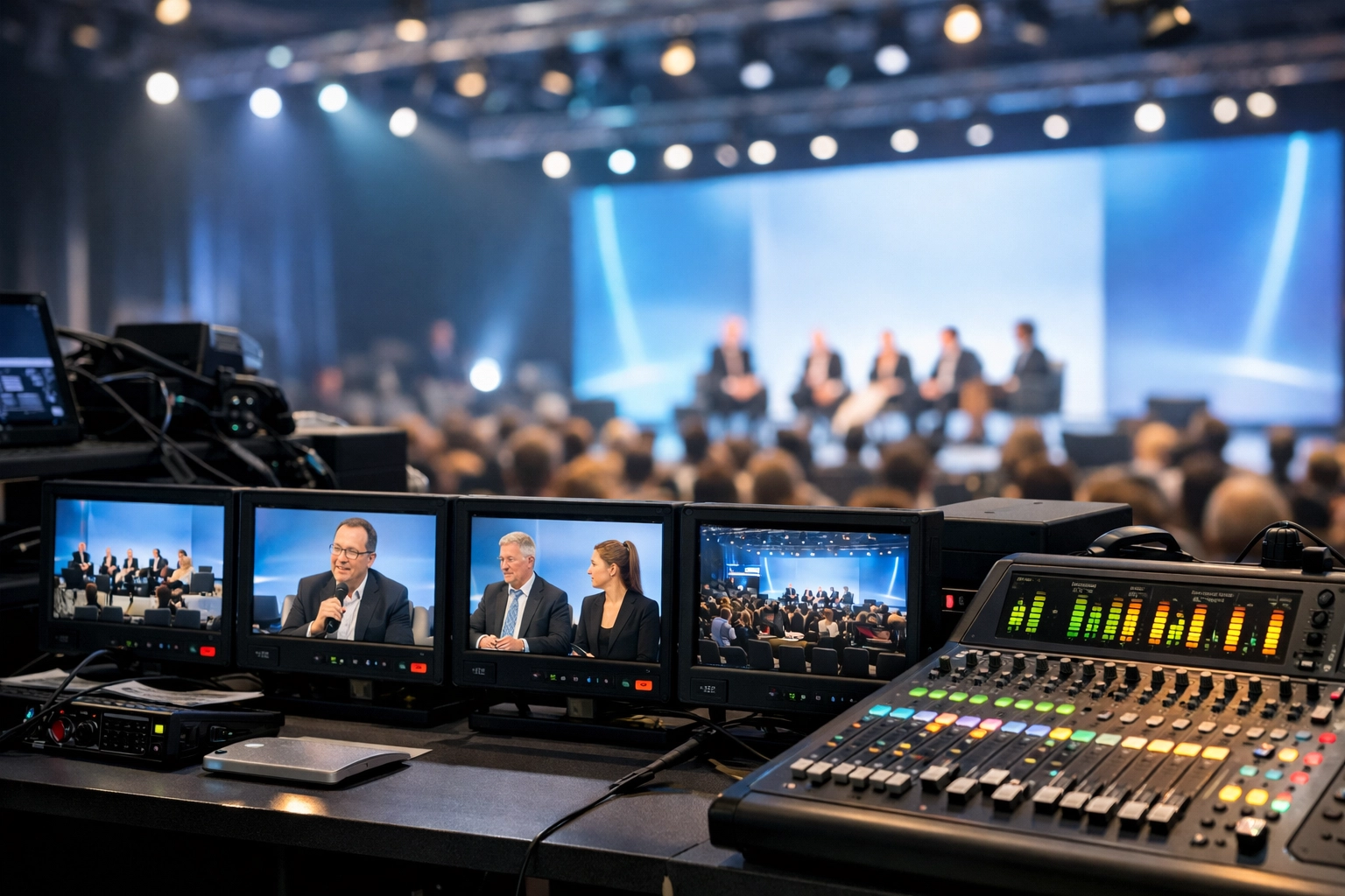 Corporate event video production equipment featuring multi-camera monitors at a professional conference.