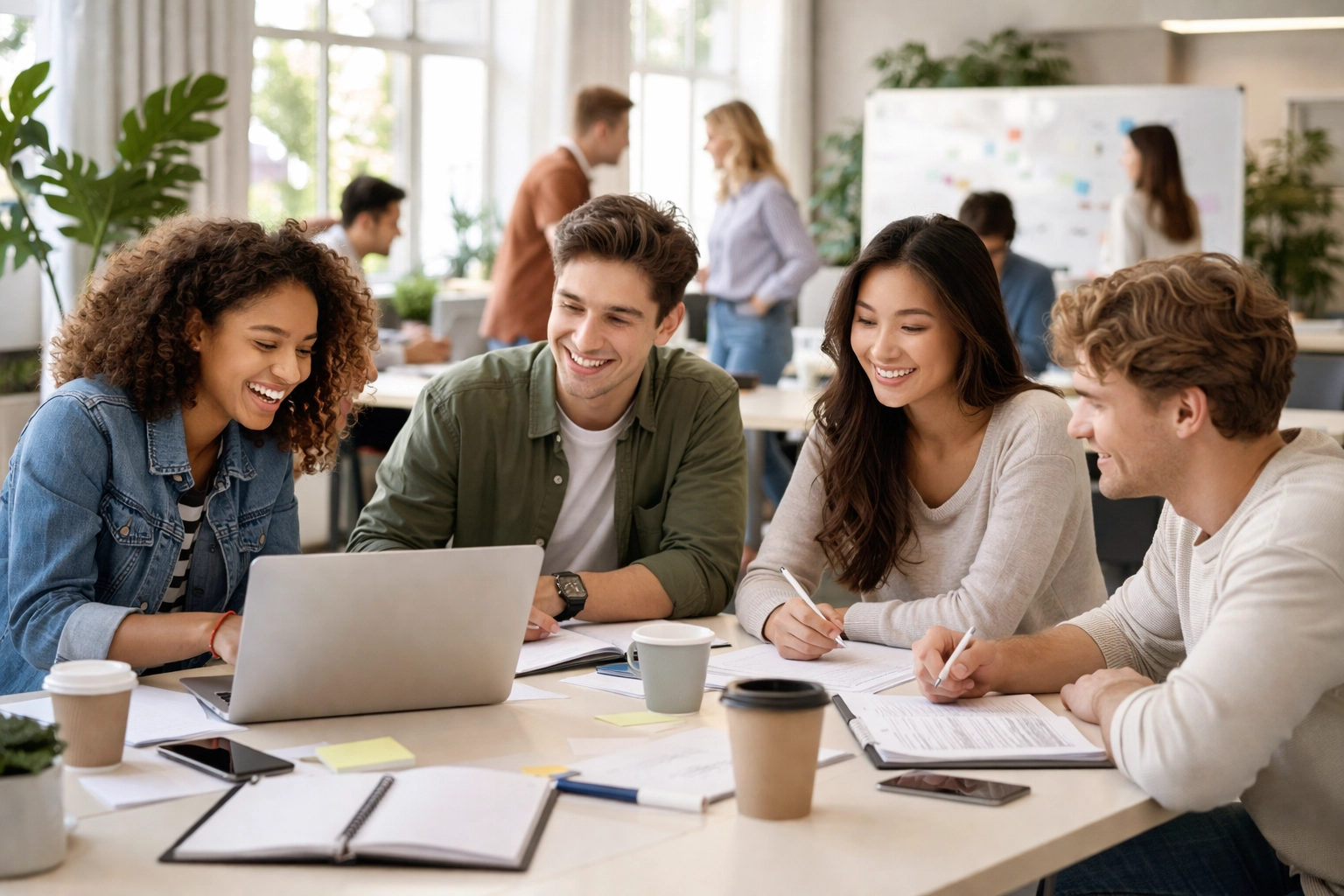 Young entrepreneurs collaborating in a university coworking space, building a student business