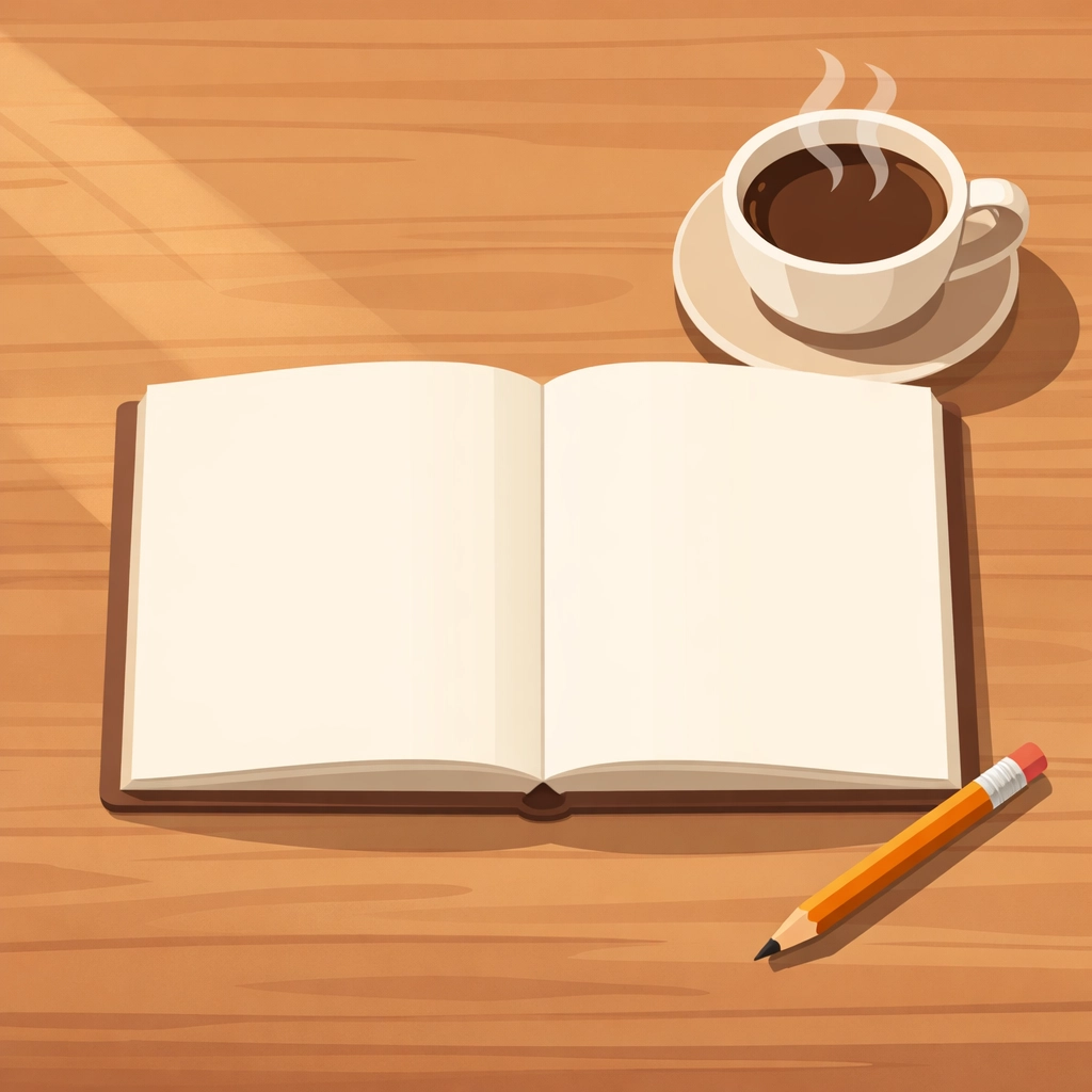 Simple workspace with open notebook and coffee representing small daily creative habits