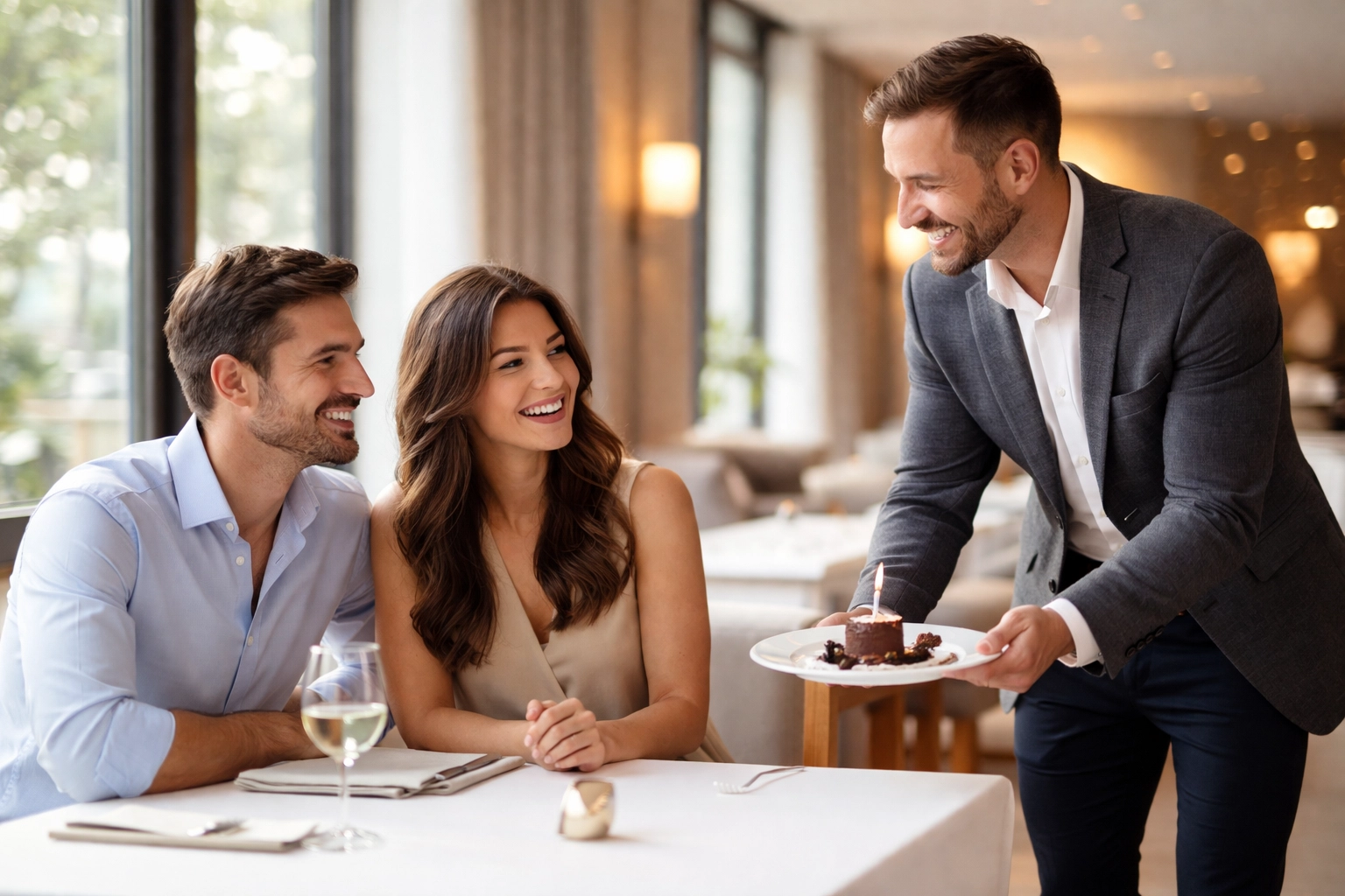 Restaurant manager surprising guests with a complimentary dessert to build emotional customer loyalty